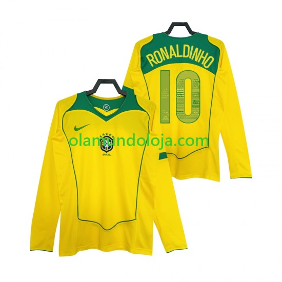 Camisola Brasil RONALDINHO 10 Retro Homem Equipamento Primeiro 2004 Manga Comprida